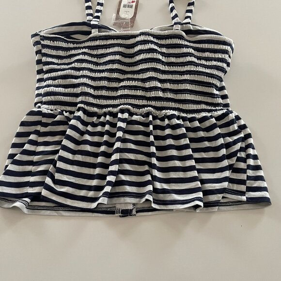 Red Camel Tank Top Large Spaghetti Straps Shirred Striped Navy White Baby Doll - Picture 9 of 12